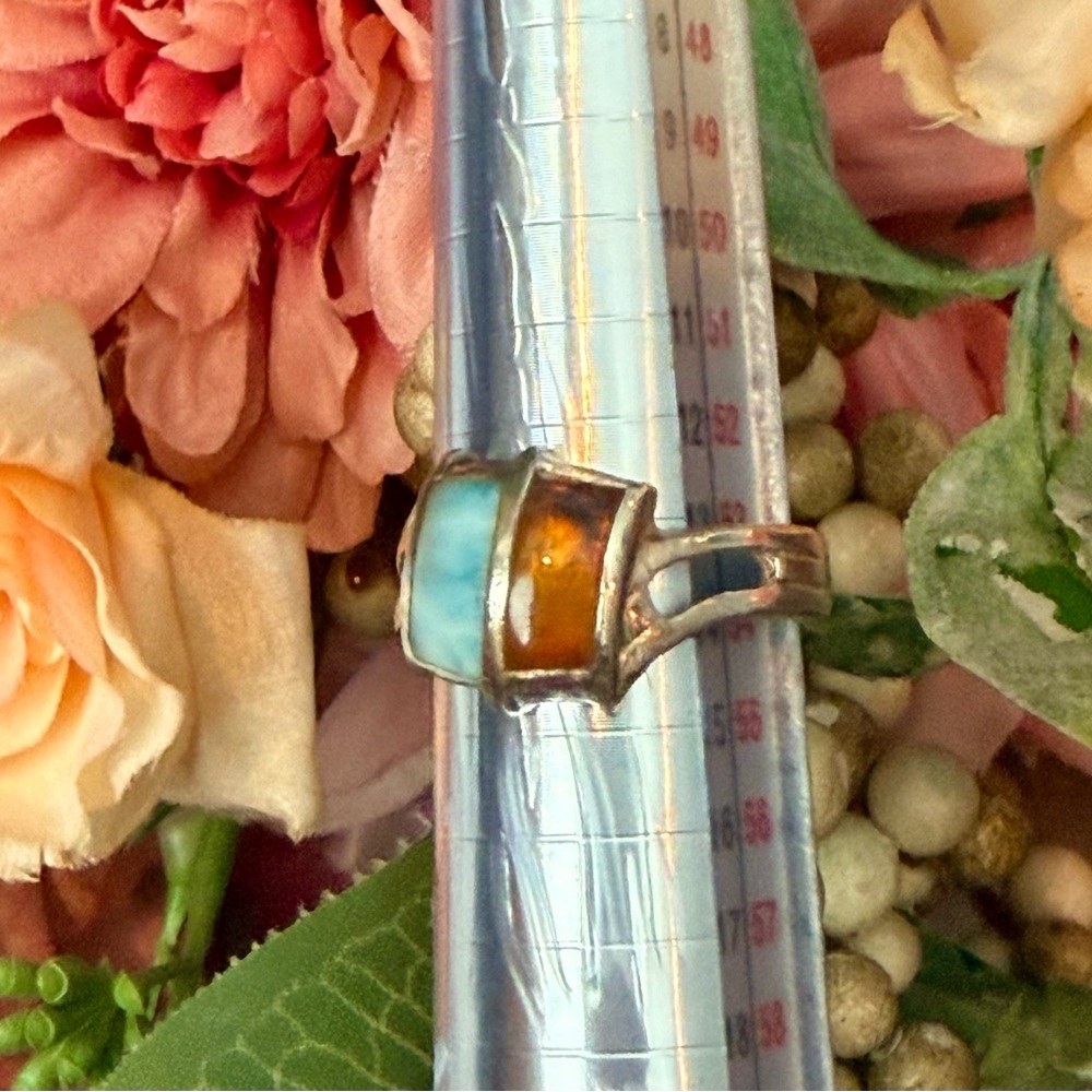 Authentic Dominican Handcrafted Larimar and Amber Ring - Picture 3 of 10
